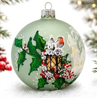 Polsk glas julepynt. Grøn julekugle med en fugl på lanterne. Ø 10 cm