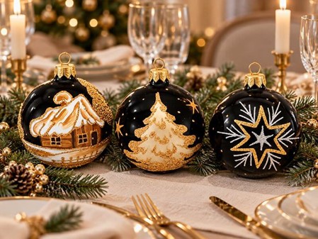 Sorte julekugler med tre forskellige julemotiver i guld, Ø 8 cm 6 stk