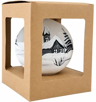 Julekugle glas i gennemsigtig mat hvid med en vinterlandskab. Ø 10 cm