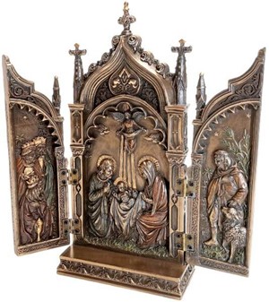 Foldbart helligt kunstværk. Triptykon i bronze til juledekoration