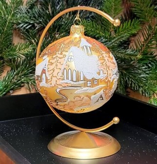Juletræspynt. Flotte julekugler glas guld med julemotiver. Ø 10cm 6stk