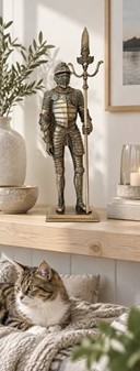 Bronzefigur af middelalderridder i fuld rustning med hellebard