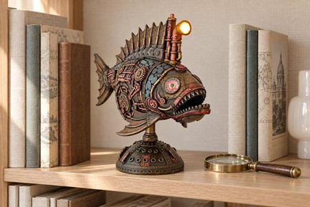 Unik Steampunk Dybhavsfisk med Mystisk Lys. Dekorationsfigur i bronze
