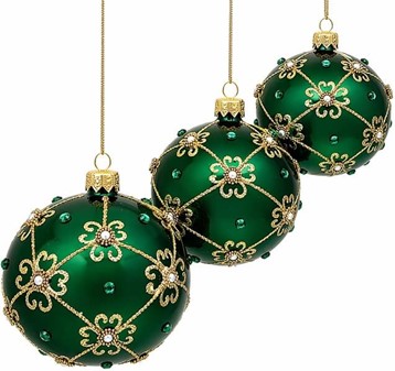 Unikke grøn julekugler blank med perler og guldglimmer. Ø 8 cm, 6 stk