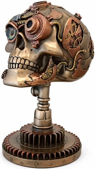 FIGURER STEAMPUNK. Unik bronzefigur af kranium på kædehjul stativ