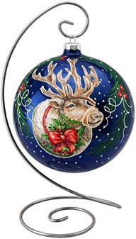Fremstillet i Polen stor julekugle i blå med julemandens rensdyr,15 cm