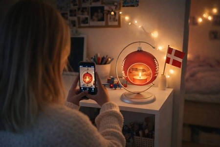 Jule glas lanterne i rød gennemsigtig mat med vinterhytter. Ø 10 cm