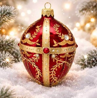 Smuk, håndmalet julepynt i rød Fabergé æg form. Julefigur H: 13 cm