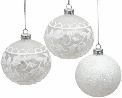 Smukke hvide juletræskugler dekoreret med hvid glitter, Ø 8 cm 6 stk