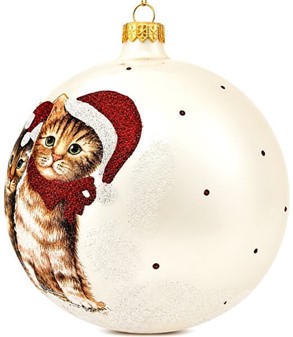 KATTE JULEPYNT. Stor julekugler i hvid med fire katte. Ø 15 cm
