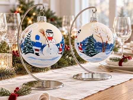 Julekugle glas i hvid mat og et vinterlandskab med en snemand. Ø 10 cm