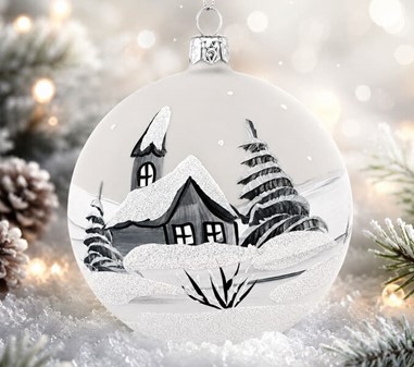 Julekugle glas i gennemsigtig mat hvid med en vinterlandskab. Ø 10 cm