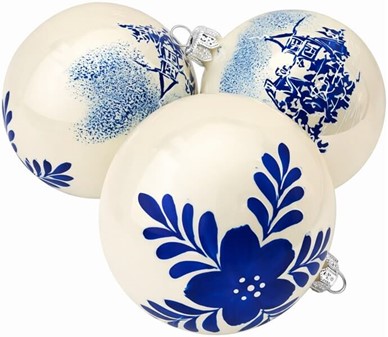 Polske, glas julekugler i porcelænhvid med blåt landskab. 8 cm. 6 stk