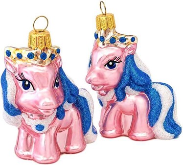 Håndlavet i Polen lyserød pony, glas figur til juletræet, højde 7 cm