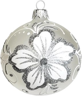 Polske gennemsigtige matte julekugler med hvid blomst. Ø 8 cm, 6 stk