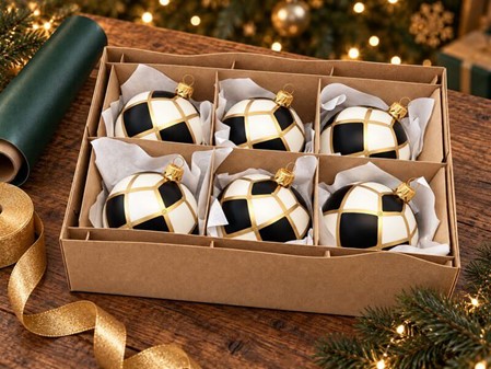 Julens sort-hvide poesi. Håndlavede skakmønstrede glas julekugler