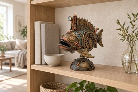 Unik Steampunk Dybhavsfisk med Mystisk Lys. Dekorationsfigur i bronze