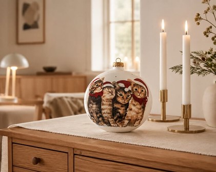 KATTE JULEPYNT. Stor julekugler i hvid med fire katte. Ø 15 cm