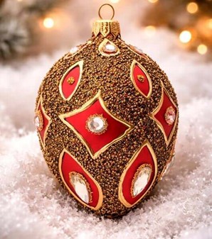 Smukt rigt dekoreret julepynt, polsk rød glas æg a la Fabergé. 13 cm