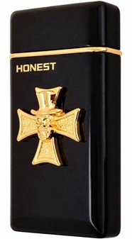 Sort Turbolighter med guldkors og kranium. Kvalitets gas lighter