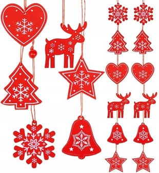 Juleophæng. Miks af seks mønstre juletræ vedhæng rød med hvide snefnug