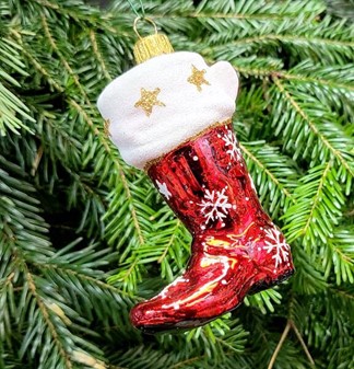 Julepynt figurer. Glasfigur af rød cowboystøvle på juletræet. H 10 cm