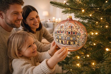 Stor julekugle glas i lyserød mat med hus og vinterlandskab. Ø 15 cm