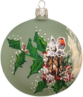 Polsk glas julepynt. Grøn julekugle med en fugl på lanterne. Ø 10 cm