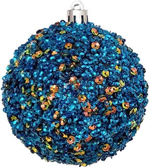 Iøjnefaldende sæt af tre plastik julekugler med blå pailletter. Ø 8 cm