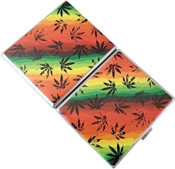 Cigaret etui metal med levende Rasta farver og cannabis blade