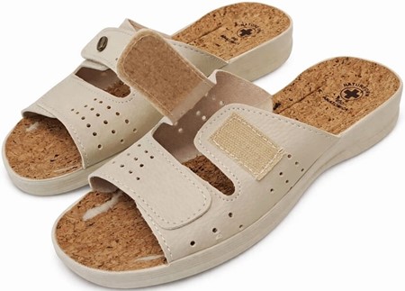 Ergonomiske beige sundhedssandaler dame med korksål og velcro