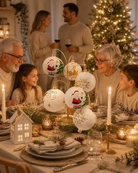 Julekugler fra Polen. Julemand, rensdyr og stjerne på hvid baggrund