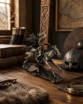 Viking på Hest i Kamp. Lille bronzefigur - en miniature saga