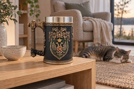 ØLKRUS MED HISTORIE. Meget dekorative krus i middelalderlig stil