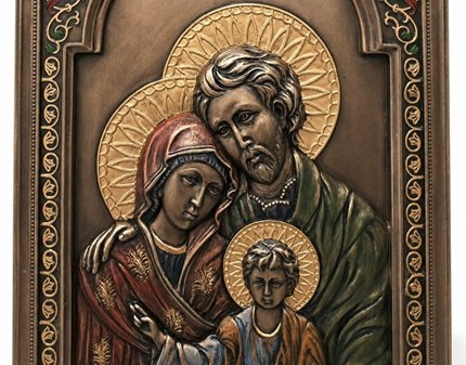 Den Hellige Familie Ikon. Bronze vægdekoration med religiøs betydning