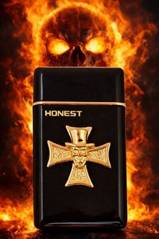 Sort Turbolighter med guldkors og kranium. Kvalitets gas lighter