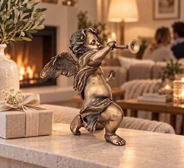 FIGURER PYNT. Smuk, dekorativ bronze figur af engel med trompet