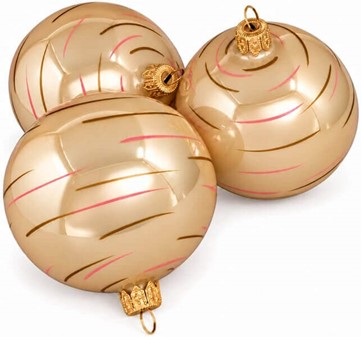 Julekugler i champagne emalje med guld og lyserøde vandrette striber