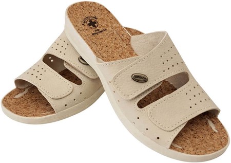 Ergonomiske beige sundhedssandaler dame med korksål og velcro