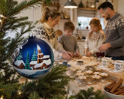 Skinnende, glitrende og smukke blå julekugler med vinterlandskab. 10cm