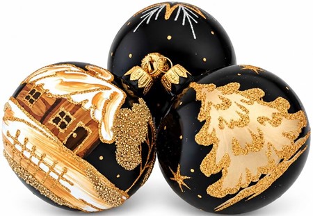 Sorte julekugler med tre forskellige julemotiver i guld, Ø 8 cm 6 stk