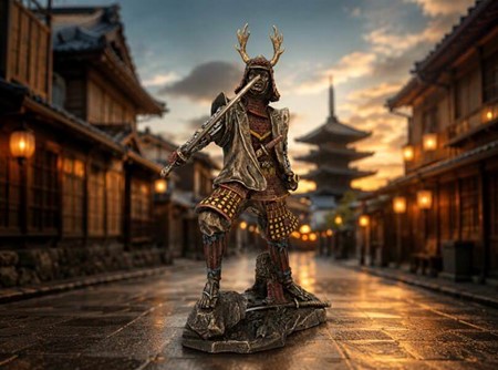 JAPANSK SAMURAI. Figur af ridder i traditionelt kostume med katana