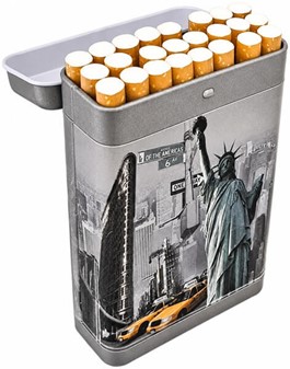Stilfuldt cigaret etui metal. Sæt med Paris og New York design. 2 stk.