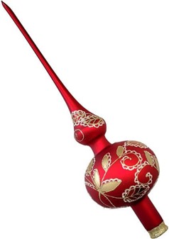 Topspir til juletræ.  Rød spir med guld/hvid blomsterdekoration. 35 cm