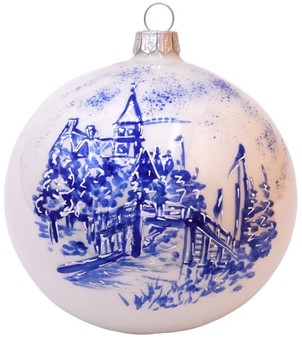 Polske, glas julekugler i porcelænhvid med blåt landskab. 8 cm. 6 stk