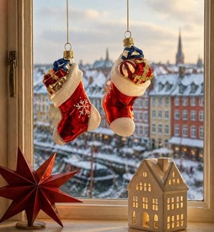 Julestrømper fra Polen. Rød glas julesok med gaver. 2 stk, H 10 cm