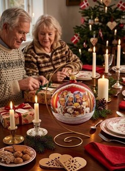Den flotteste mørkerød mat, stor julekugle med julekrybbe, Ø 15 cm