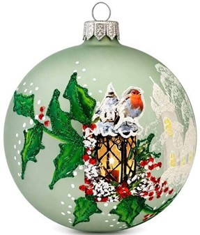 Polsk glas julepynt. Grøn julekugle med en fugl på lanterne. Ø 10 cm