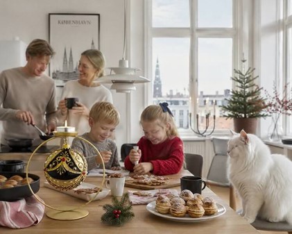 Guld/sort juletræskugle dekoreret med hvide perler og røde krystaller