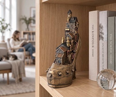 Steampunk sko-skulptur – Fantastisk by møder victoriansk maskineri